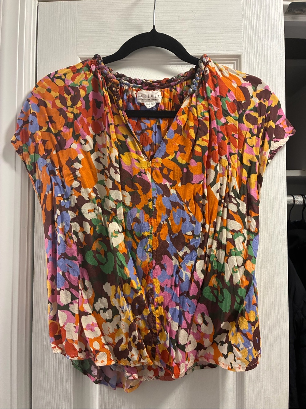 Velvet by Graham & Spencer Multicolor Floral Short Sleeve Blouse - Orange & Pink